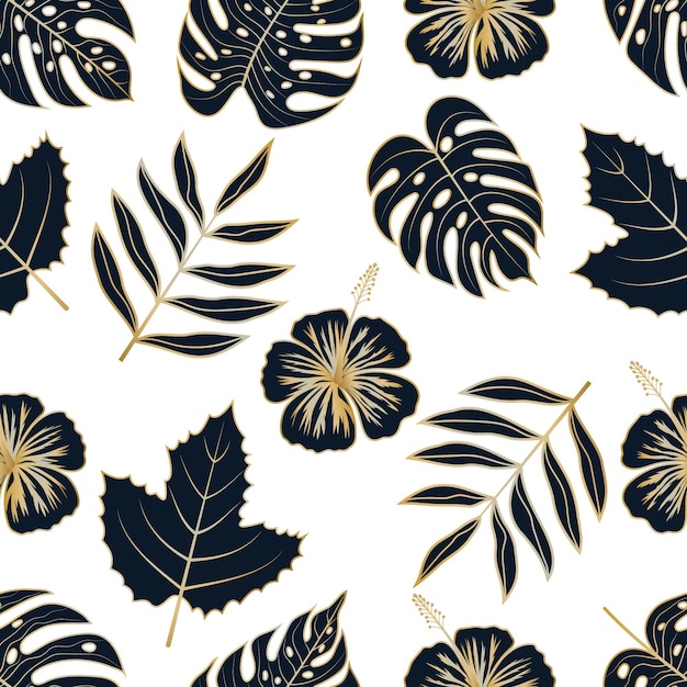 Seamless pattern of luxury golden floral tropical flowers and leaves