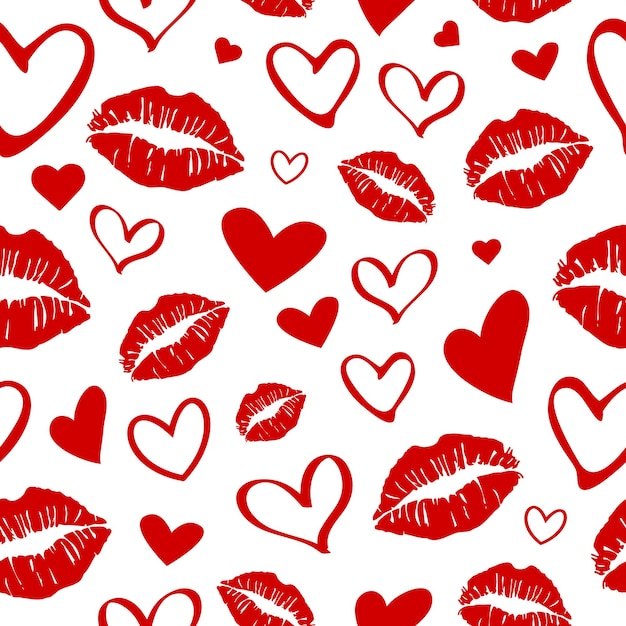 Seamless pattern made up of different red hearts and lipstick female prints for Valentine's day.