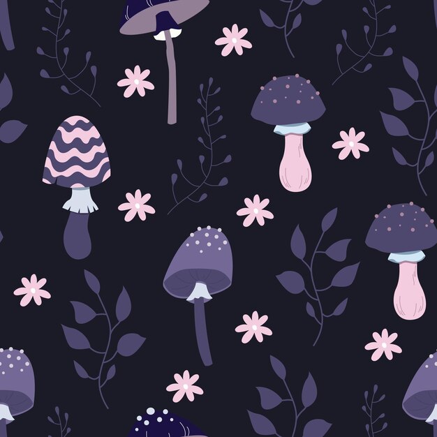 Seamless pattern magic hallucinogenic mushrooms Fantasy cute elements Cute cartoon mushrooms on the grass Modern design print for cloth wallpaper decor interior Hippie style Vector flat