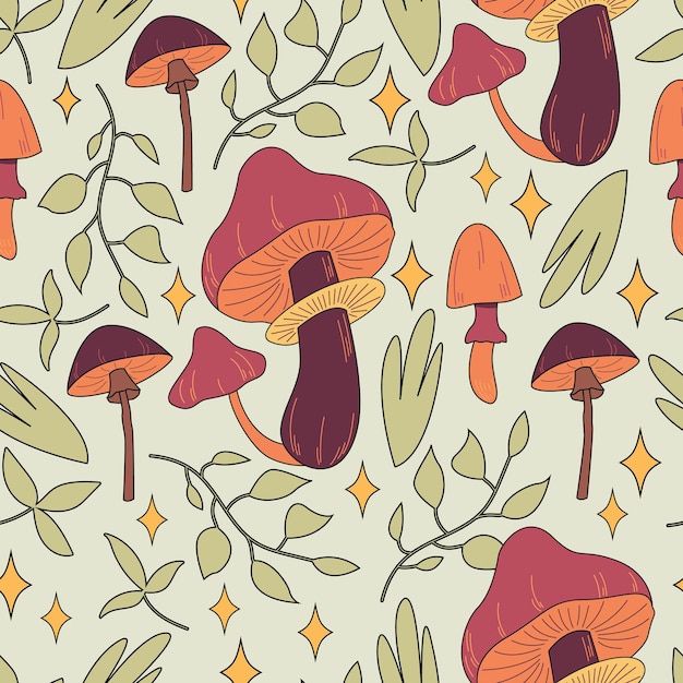 Seamless pattern magic hallucinogenic mushrooms Fantasy cute elements Cute cartoon mushrooms on the grass Modern design print for cloth wallpaper decor interior Hippie style Vector flat