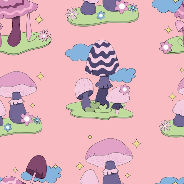 Seamless pattern magic hallucinogenic mushrooms Fantasy cute elements Cute cartoon mushrooms on the grass Modern design print for cloth wallpaper decor interior Hippie style Vector flat