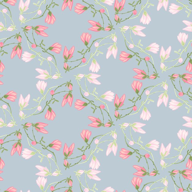 Vector seamless pattern magnolias on light blue background. beautiful ornament with spring pink flowers. geometrical floral template for fabric. design vector illustration.