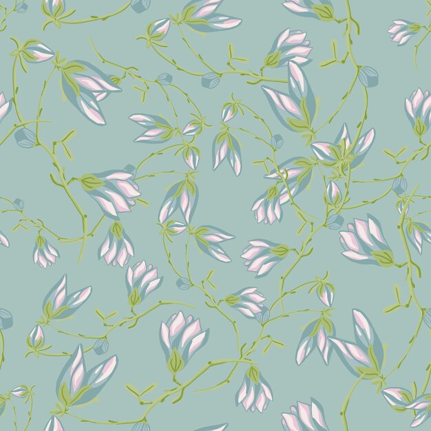 Vector seamless pattern magnolias on light green background. beautiful texture with spring flowers. random floral template for fabric. design vector illustration.