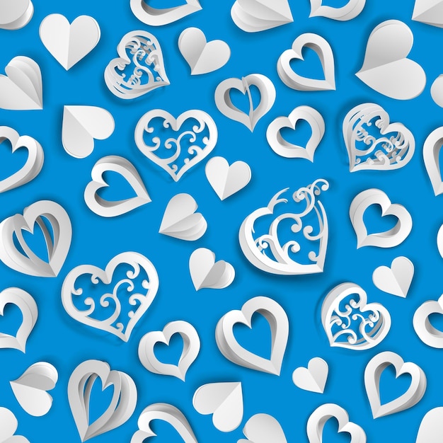 Seamless pattern of many paper volume hearts with holes and without white on light blue