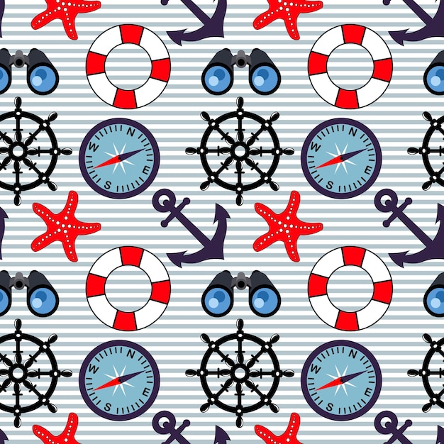 Seamless pattern on the marine theme Compass binoculars anchor rudder and lifebuoy