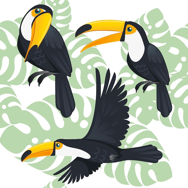 Vector seamless pattern of mature brazilian toucan bird cartoon animal design flat vector illustration on white background with green leaves