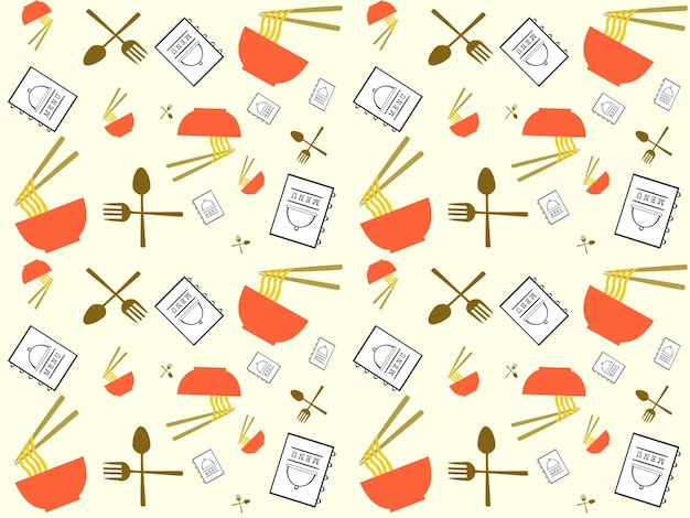 Seamless pattern menu book noodle bowl and cutlery on a cream background