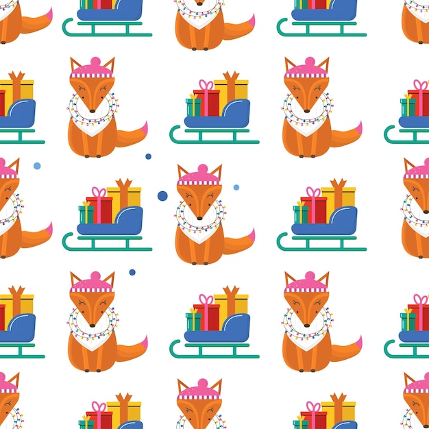 Seamless pattern for Merry Christmas greeting card with cute fox