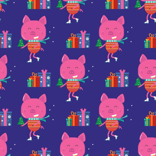 Seamless pattern for Merry Christmas greeting card with cute pi