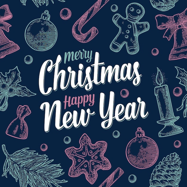 Seamless pattern Merry Christmas Happy New Year Vector vintage engraving