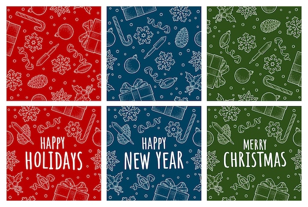 Seamless pattern Merry Christmas and Happy New Year Vector vintage monochrome engraving