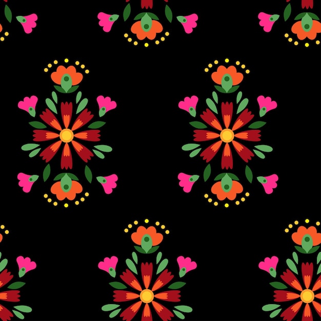 Vector seamless pattern of mexican ethnic embroidery on a black background