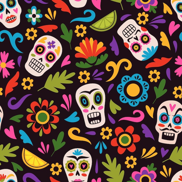 Seamless pattern mexican holiday Traditional sugar skulls on floral background decorative skeletons and flowers calavera festival day of dead Decor textile wrapping paper vector print