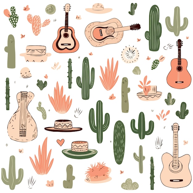 Seamless pattern on a Mexican theme with green flowering cacti guitar colorful maracas