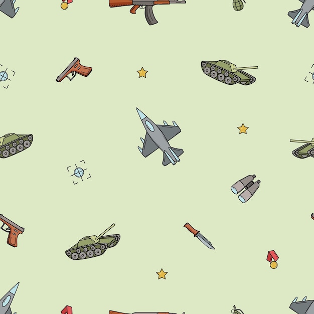 Seamless Pattern Military doodle icons Vector illustration of a set of military equipment army items