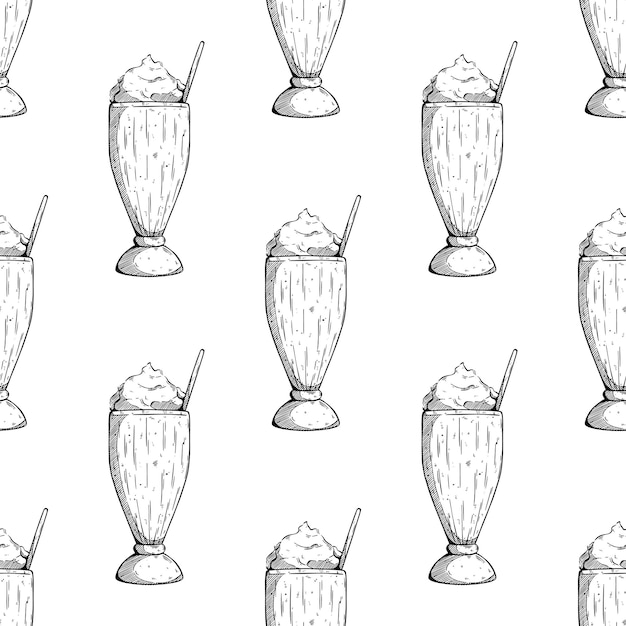 seamless pattern of milkshake in the glass with hand drawing style