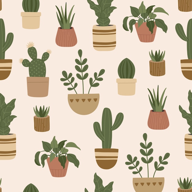 Seamless pattern of modern house plants, trendy hand drawn exotic flowers in pots, colorful doodle flat style.