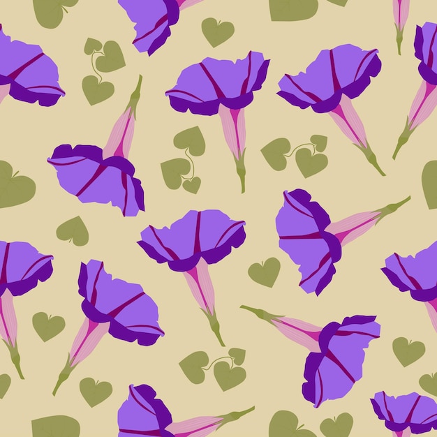 Seamless pattern of Moning Glory flowers on a pastel background