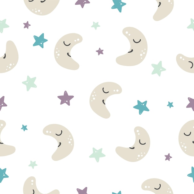 Seamless pattern moon stars in blue and lilac colors kids