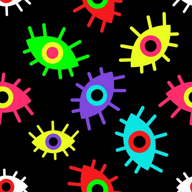 Seamless pattern of multicolored abstract eyes on a black background vector illustration