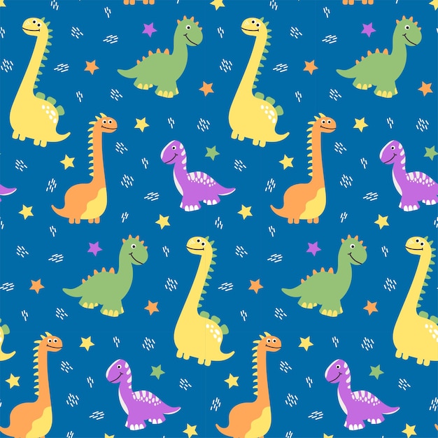 Seamless pattern of multicolored dinosaurs on blue background with stars in the cartoon style. For textiles, postcards, design.