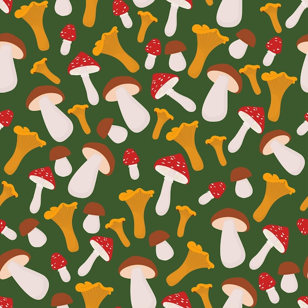 Seamless pattern of mushrooms on green background