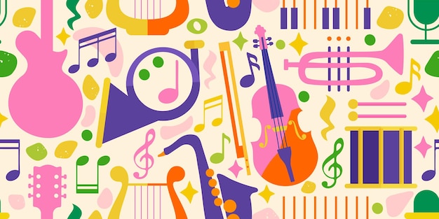 Seamless pattern for music festival Bright background design with musical instruments