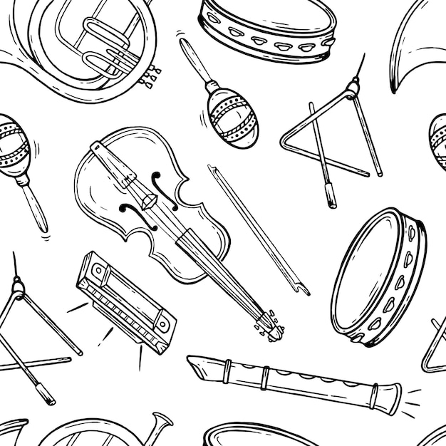 Seamless pattern musical instruments Hand drawn Vector black and white doodle