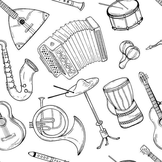 Seamless pattern musical instruments Hand drawn Vector black and white doodle