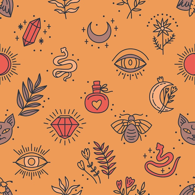 Seamless pattern of Mystical and Astrology objects in boho style