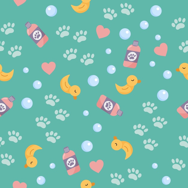 seamless pattern of objects for washing. Cute cartoon yellow duck for bath, bubbles and paws. Pet wash and grooming.