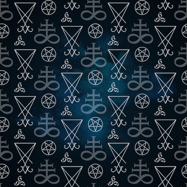 Seamless pattern occult symbols Leviathan Cross pentagram Lucifer sigil and 666 vector illustration