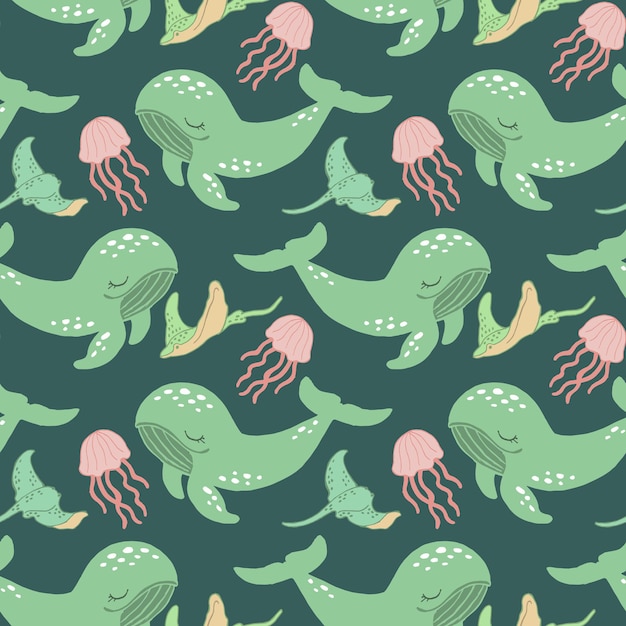 Seamless pattern ocean whales jellyfish and stingrays Turquoise colors