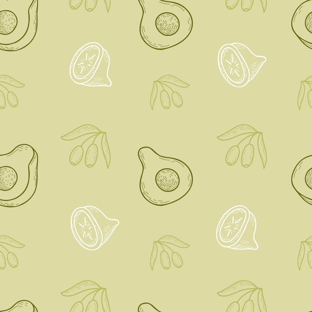 Seamless pattern Olives avocado and lemon on light green background Line drawing in hand  doodle