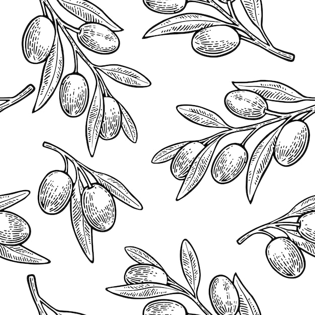 Seamless pattern Olives on branch with leaves.