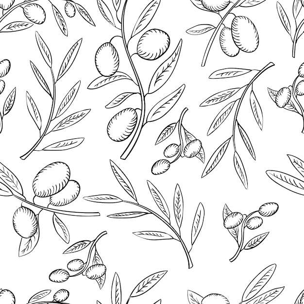 Seamless pattern olives and olive branch with leaves on white