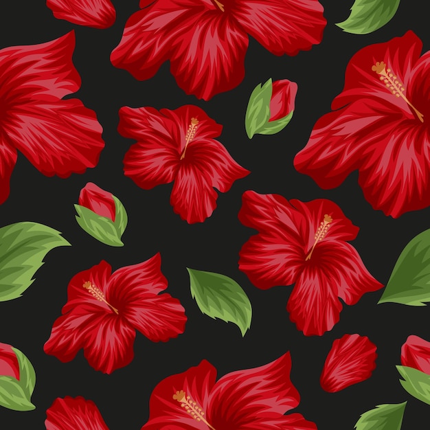 seamless pattern of opened red mallow buds unopened mallow buds and green leaves on black backgroun