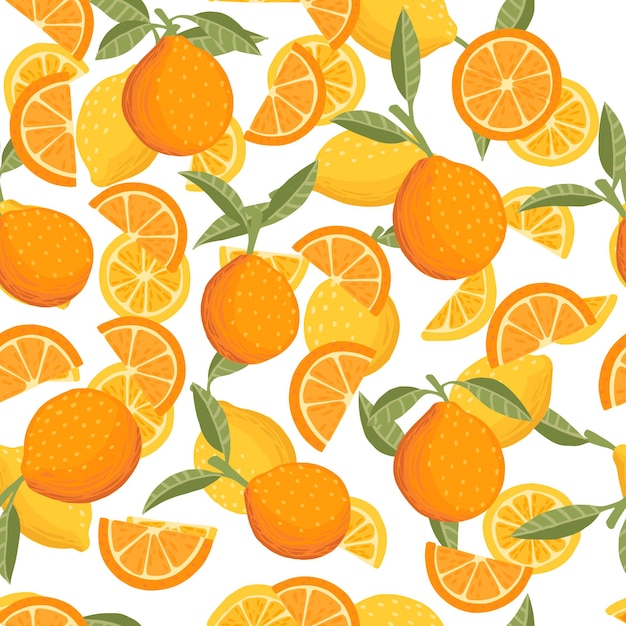 Seamless pattern of orange citrus yellow fruit whole halved and sliced with green leaves flat vector illustration on white background