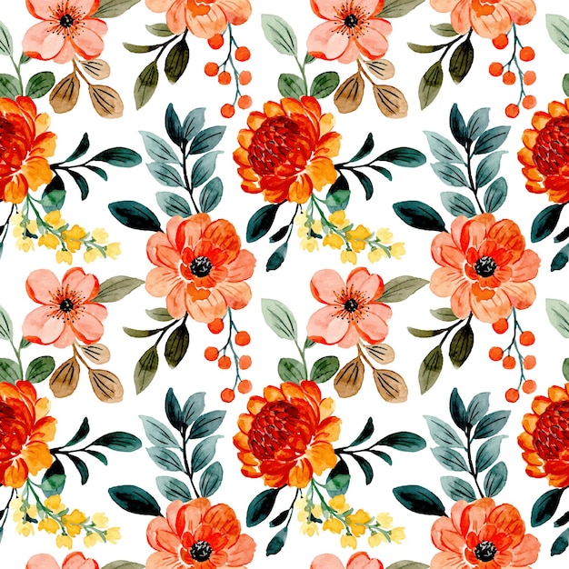 Seamless pattern orange floral and green leaves with watercolor