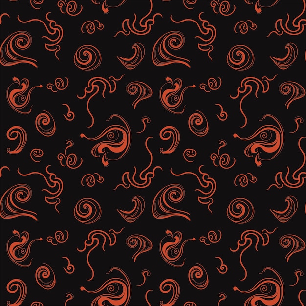 Seamless pattern orange smoke on a black background Curls and swirls of smoke Vector illustration isolated