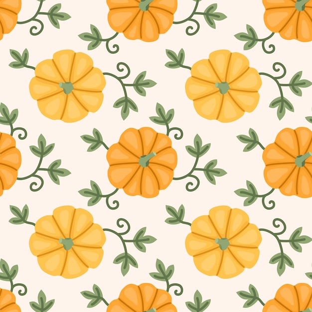 Seamless pattern of orange and yellow pumpkins with leaves top view in flat style