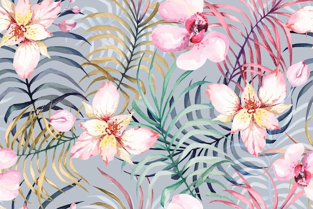 Seamless pattern of orchids palm and botanical painted in watercolor for fabric and wallpaper