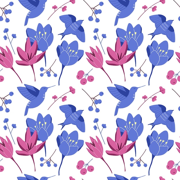 Seamless pattern in oriental style with blooming branches trees and birds