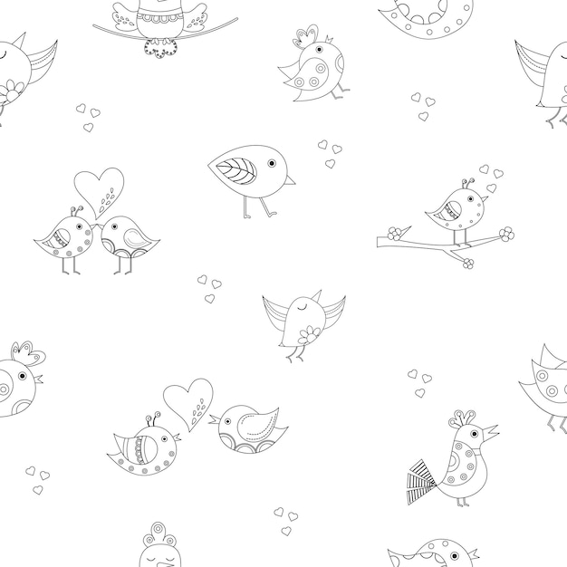 Seamless pattern outline of cartoon birds Vector