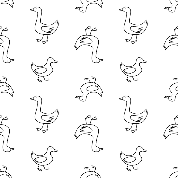 Seamless pattern of outlines cartoon ducks and geese