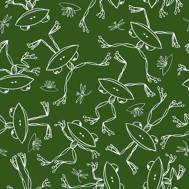 Seamless pattern of outlines cheerful cartoon frogs