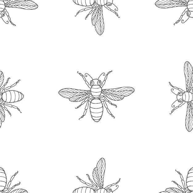 Seamless pattern of outlines decorative flies