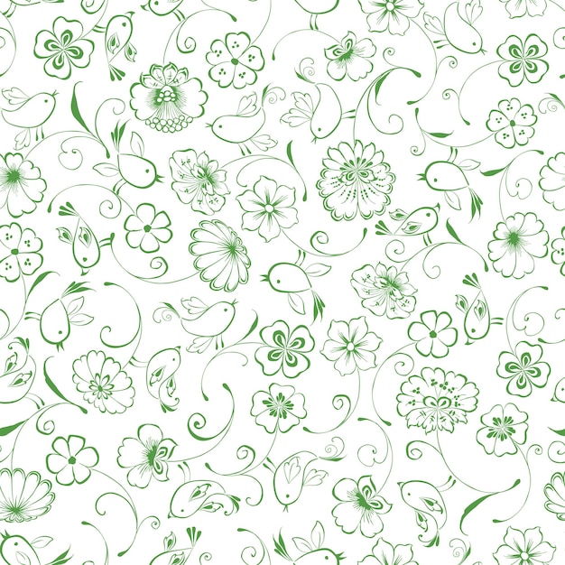 Seamless pattern of outlines flowers and birds