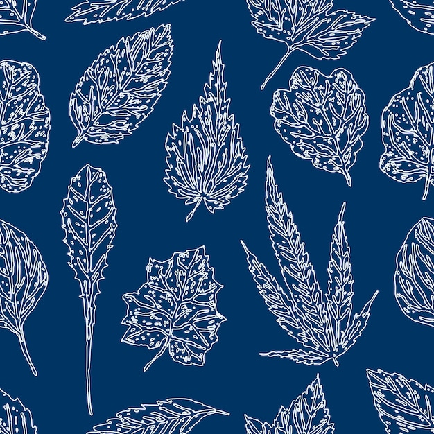 Seamless pattern of outlines of frozen leaves leaves various plants