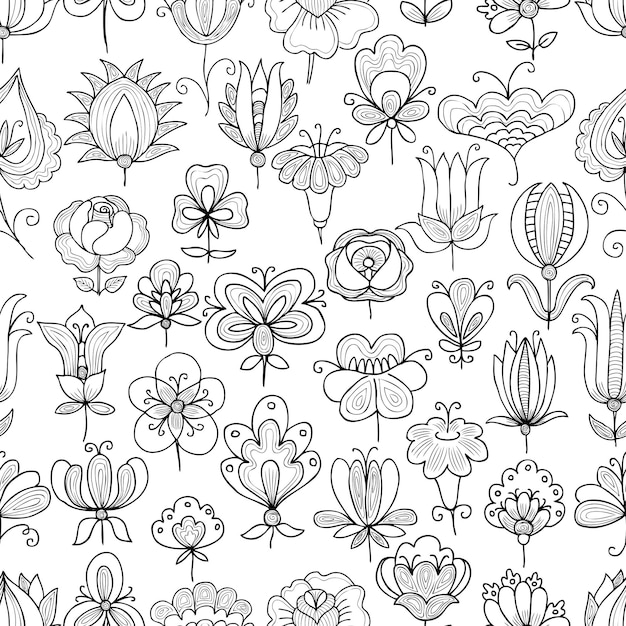 Seamless pattern of outlines of various decorative flowers